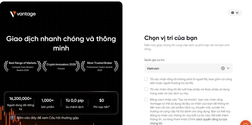 Truy cập link đăng ký Vantage