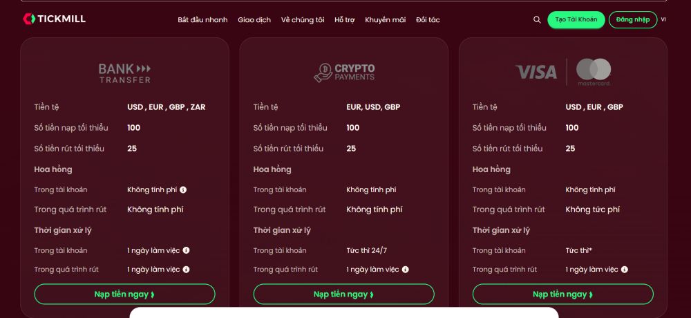 Nạp tiền và rút tiền tại Tickmill