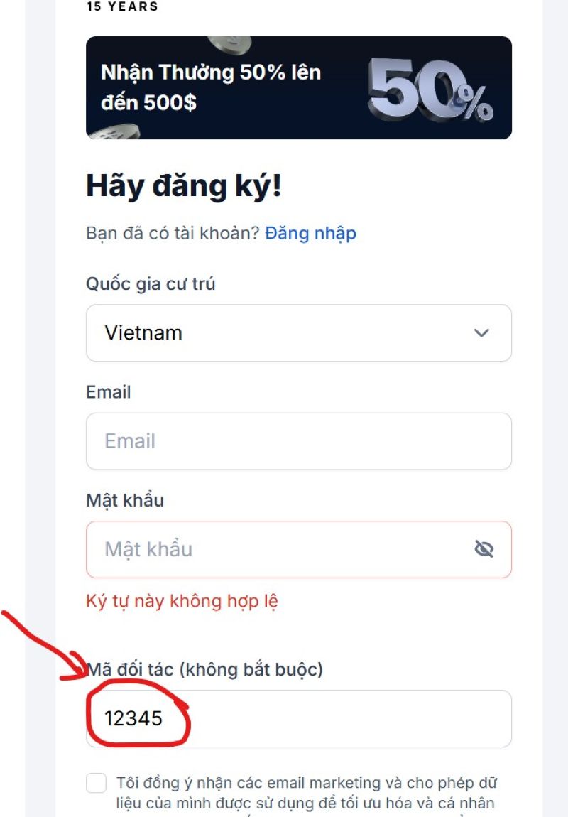 Nhập mã giới thiệu 12345 để nhận Backcom