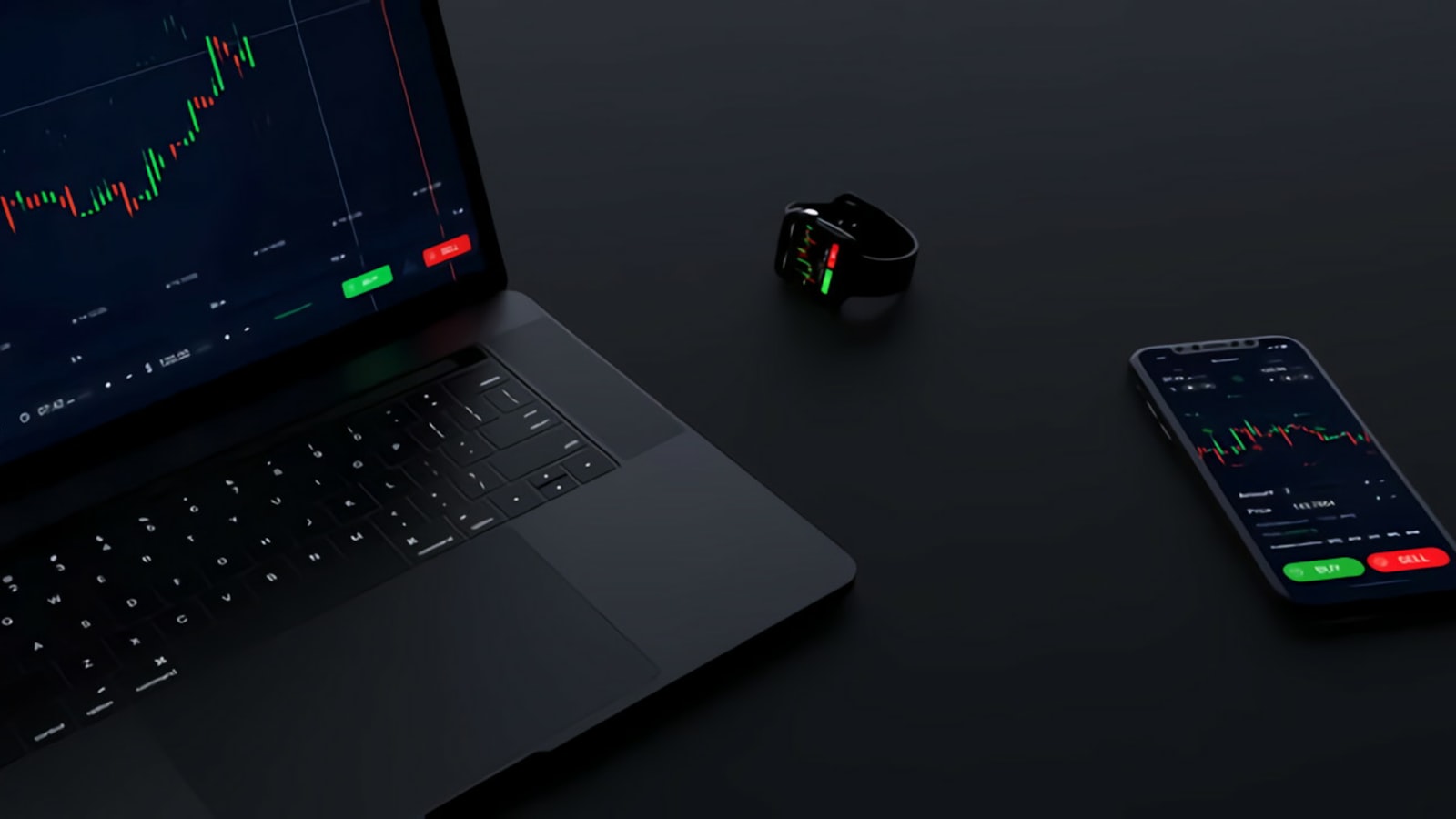 Tài Khoản Cent Exness Là Gì? Đặc Điểm, Ưu Nhược Điểm 2026 4 Laptop, đồng hồ thông minh và điện thoại đặt cạnh nhau đều hiển thị biểu đồ giao dịch, minh họa việc mở và quản lý tài khoản Cent Exness trên nhiều thiết bị